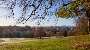 Chesterfield from Tapton park winter This landscape photograph captures a winter morning view of Chesterfield from Tapton Park, located in the United Kingdom. The image prominently features frost-covered grass and an array of leafless and partially leafed trees, showcasing the natural beauty of the park during the colder season. In the distance, the iconic spire of the Church of St Mary and All Saints, commonly known as the Crooked Spire, rises above the town of Chesterfield, serving as a recognizable landmark within the scene. The photograph illustrates the harmonious blend of nature and urban features, with the park's open spaces and tree-lined areas framing the town under the clear winter sky. The seasonal atmosphere is emphasized by the frosty landscape and the muted colours typical of winter, making this a representative image of Chesterfield and Tapton Park during this time of year.